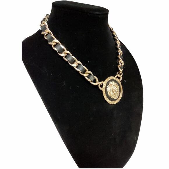 Gold Lions Face Medallion Necklace Black Leather Braided Chain Pendent Statement - Picture 3 of 8
